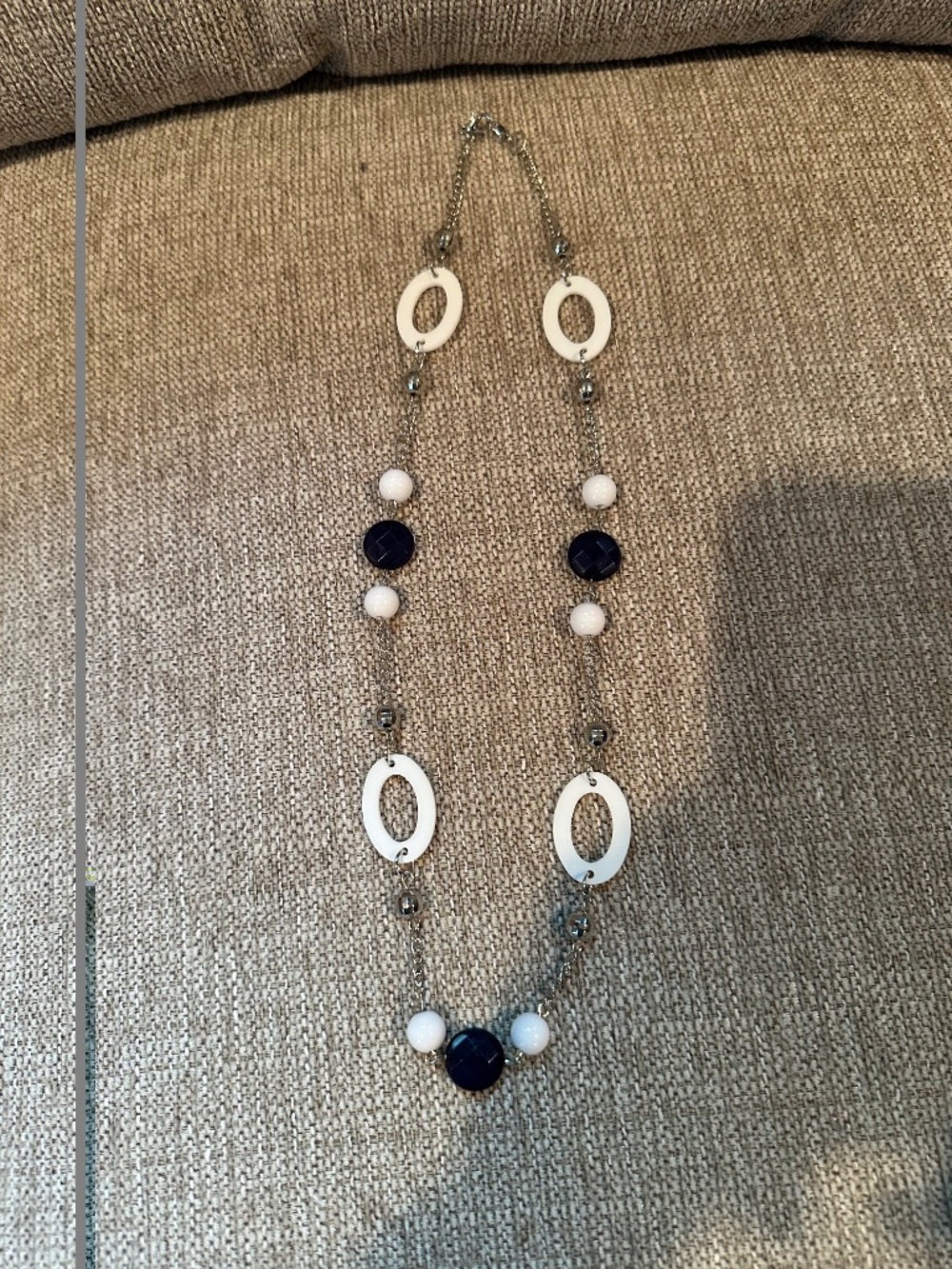 Long Black and White Necklace With Silver-Tone Beads